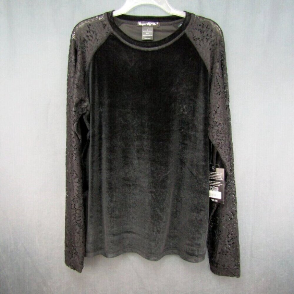 Cowgirl Tuff Black Velvet Long Lace Sleeve Top Womens Size L Velour New Tag - Picture 10 of 10